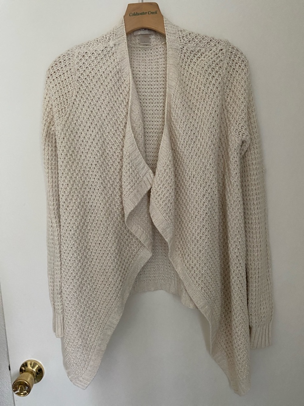 LOFT Cream Open-Front Draped Knit Cardigan with subtle gold threads, last photo